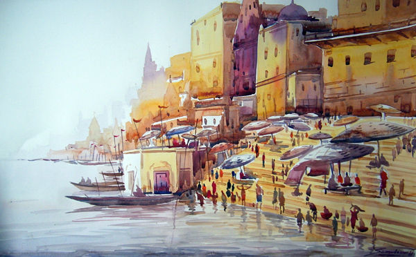 Varanashi Ghat at Morning Watercolour Paper Landscaping