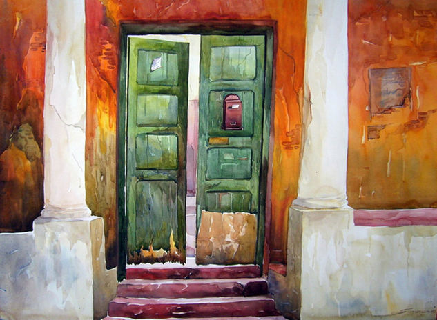 Old House Door Acuarela Papel Otros