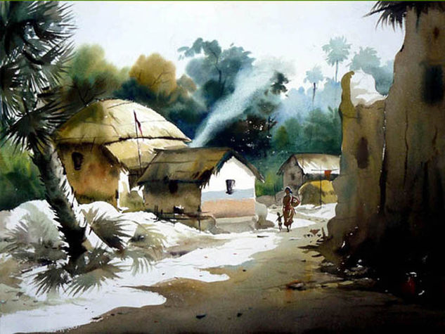 Bengal Village at Noon Acuarela Papel Paisaje