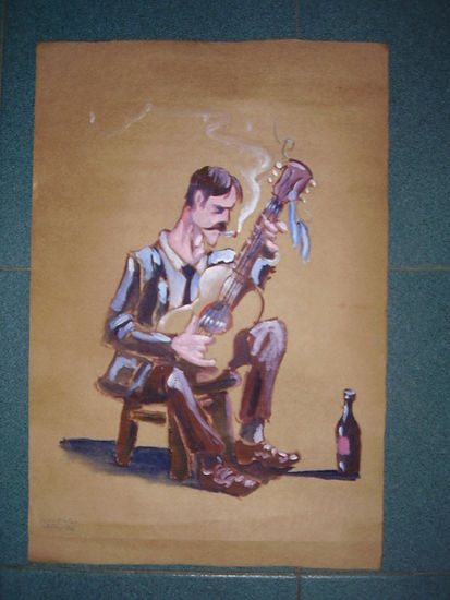 guitarra y vino Oil Paper Figure Painting