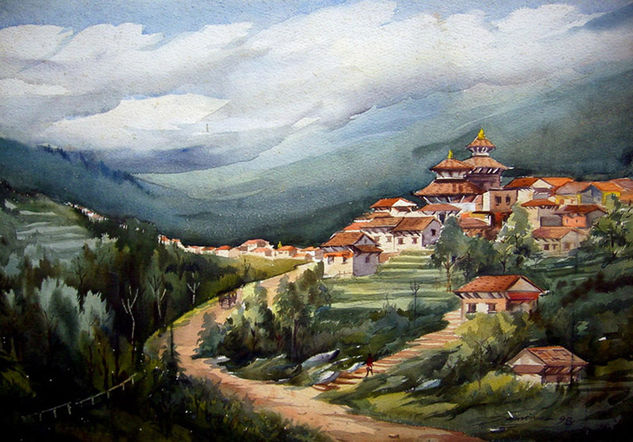 Himalayan Village Acuarela Papel Paisaje