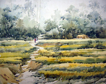 Village Corn Field Watercolour Paper Landscaping