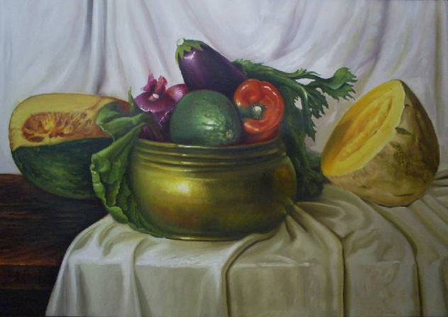 Olla de cobre con verduras
