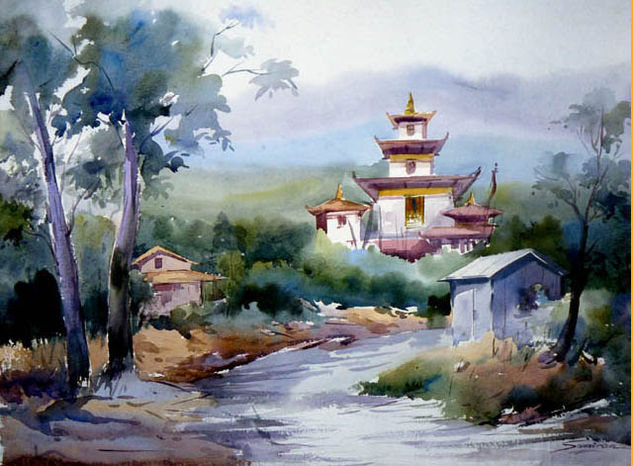 Monastery in Himalaya Acuarela Papel Paisaje