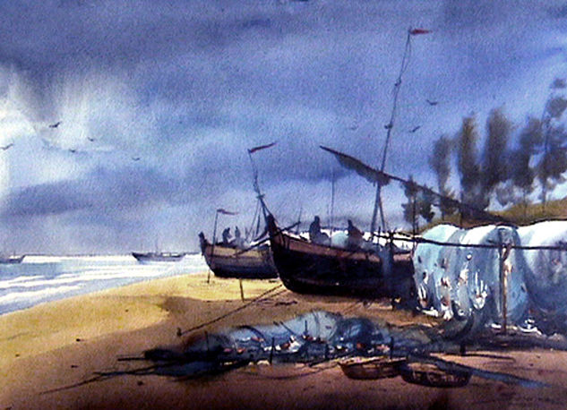 Fishing Boats at seashore Watercolour Paper Landscaping