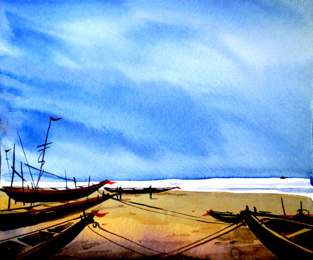 Morning SeaShore and Boats Watercolour Paper Landscaping