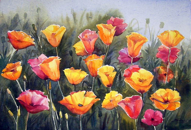 Red & Yellow Poppies Acuarela Papel Floral