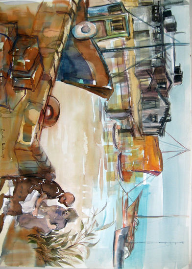 Pescadoras en un puerto Watercolour Paper Marine Painting