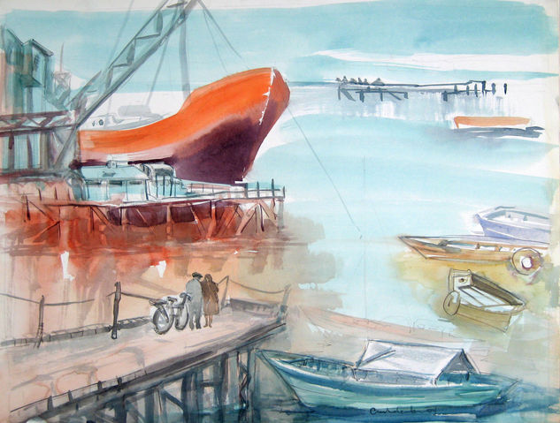 Rosario, puerto en bruma Watercolour Paper Marine Painting