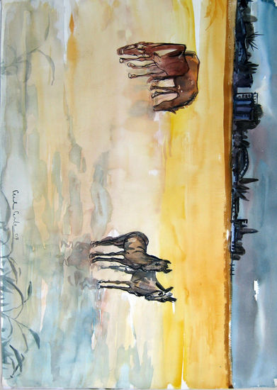 Caballos en arena Watercolour Paper Marine Painting