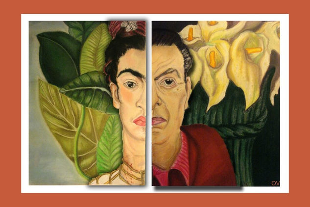 Frida Kahlo y Diego Rivera Pastel Paper Portrait