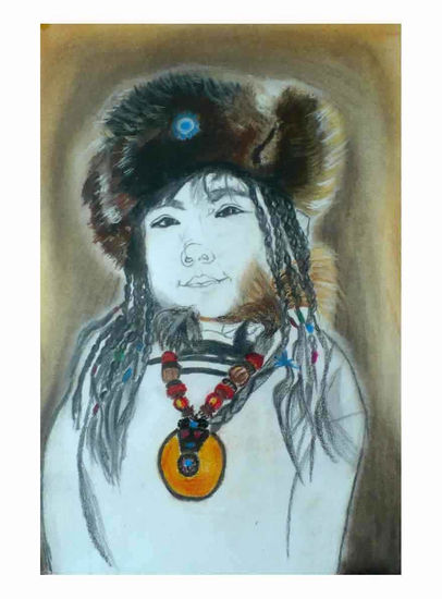 Chinese boy with necklace Pastel Paper Portrait