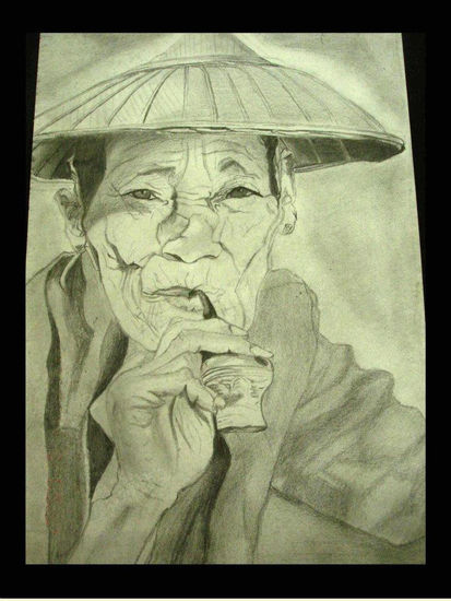 Chinese grandpa with pipe Pencil (Black) Paper Portrait