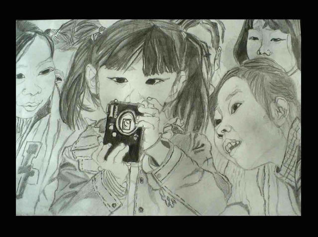 Chinese girls with camera Pastel Paper Portrait