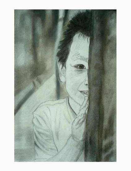 Chinese boy hiding Pastel Paper Portrait