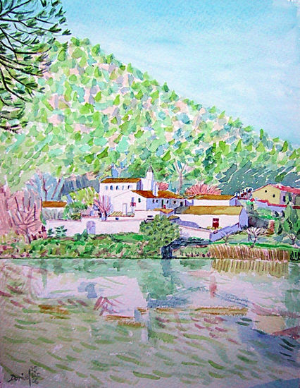 Masía de Castellet con lago Acuarela Papel Paisaje