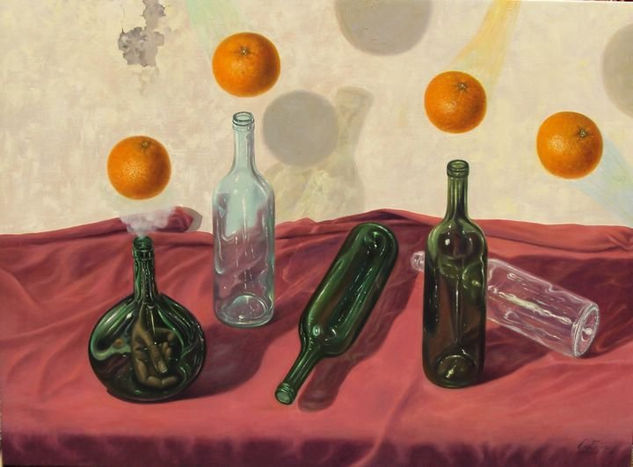 Naranjas sobre botellas Oil Canvas Still Life Paintings