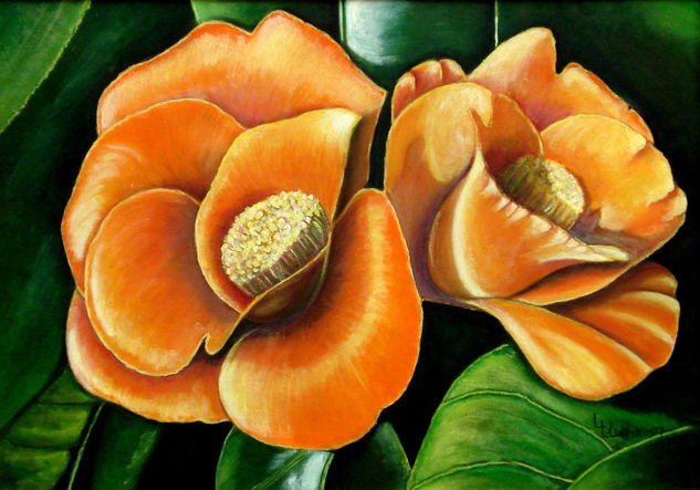 Flores en naranja Oil Panel Floral Painting