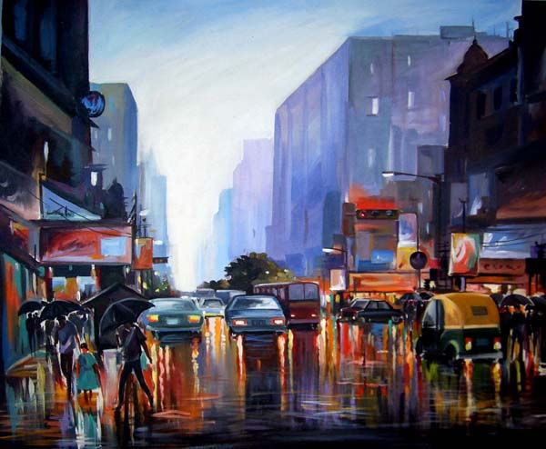 Rainy Day Reflection on Street