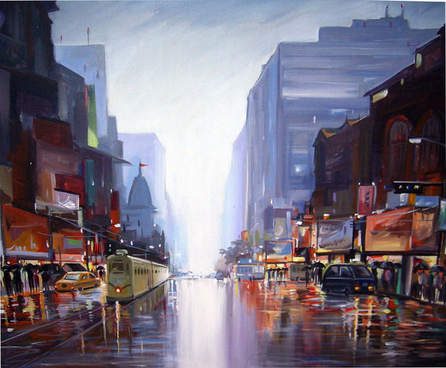 Rainy Day Reflection on Street