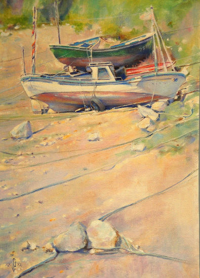 Barcas en San Vicente de la Barquera Oil Panel Marine Painting