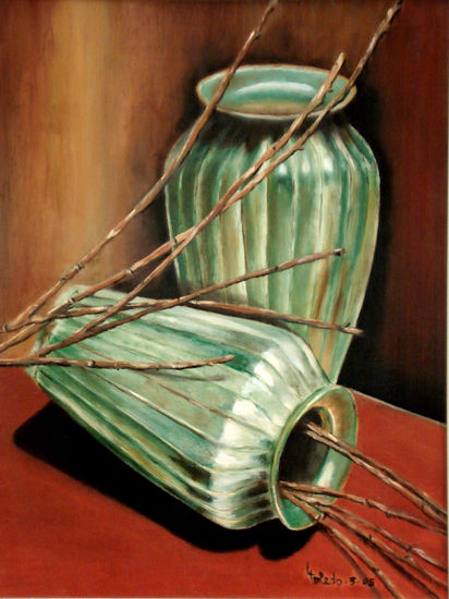 Jarrones verdes Oil Panel Still Life Paintings