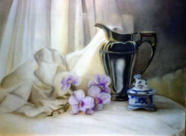 Flores  con jarra de peltre Oil Canvas Still Life Paintings