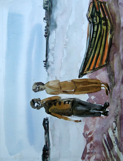 Pareja de pescadores Watercolour Paper Marine Painting