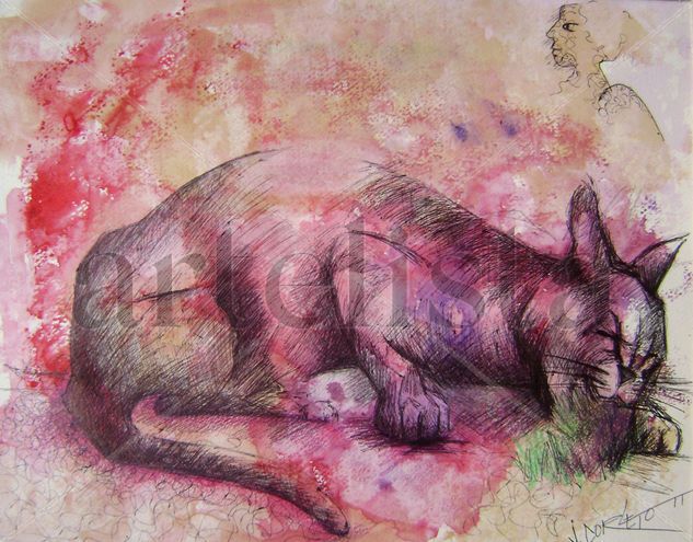 GATO CON MUJER Media Mixta Papel Animales