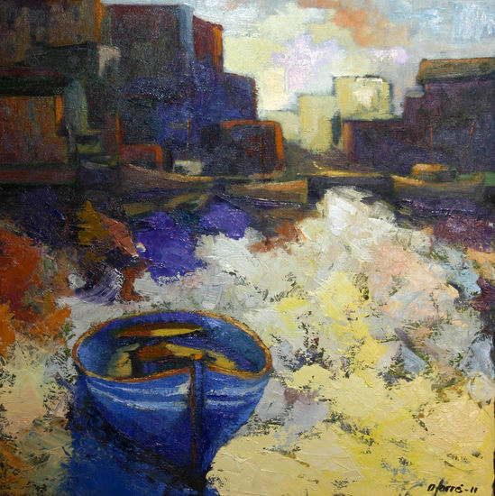 Marina barca blava Óleo Lienzo Marina