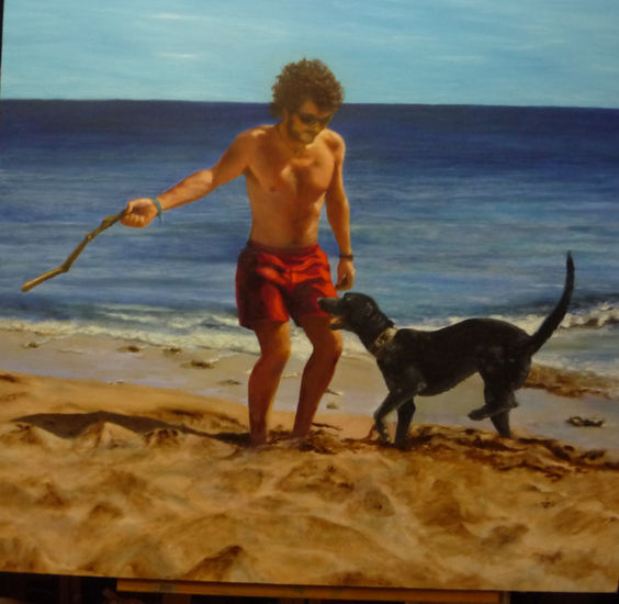 ISAAC Y LOBO. JUEGOS EN LA PLAYA. Oil Canvas Figure Painting