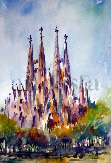 La Sagrada Familia Acuarela Papel Paisaje