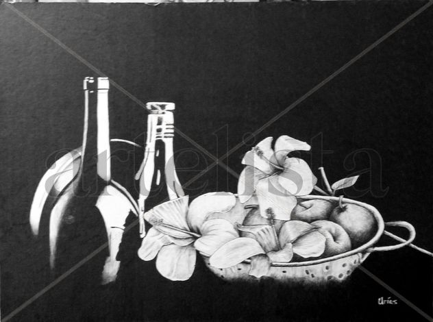 vino,manzanas y flores