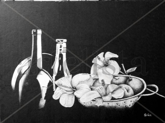 vino,manzanas y flores Ink