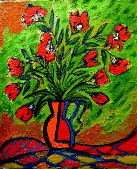 FLORES EXPRESIONISTAS SOBRE FONDO VERDE Oil Canvas Floral Painting