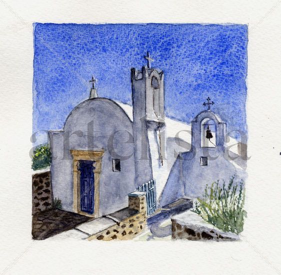 Capilla en Thira Santorini Acuarela Papel Paisaje