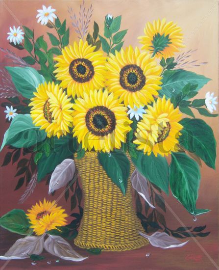 GIRASOLES Y ROCÍO Acrylic Canvas Floral Painting