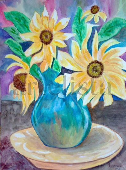 Jarron Azul con Girasoles Mixed media Paper Floral Painting