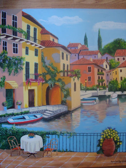 Cafe en el canal. Oil Canvas Landscaping