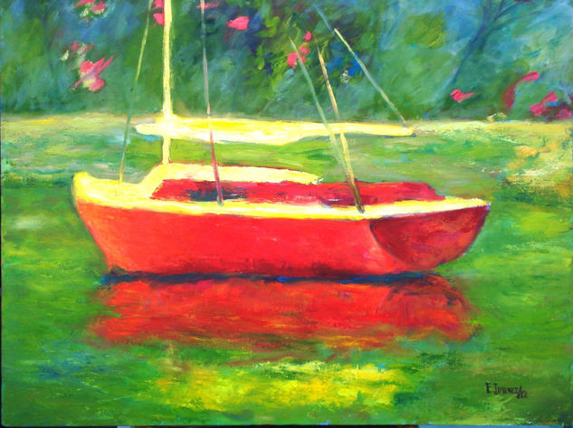 Barco rojo, fondo verde Oil Canvas Landscaping