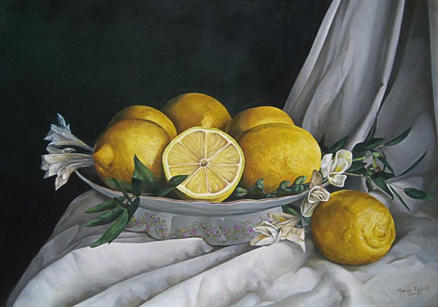 Limones, frutera y paño. Oil Canvas Still Life Paintings