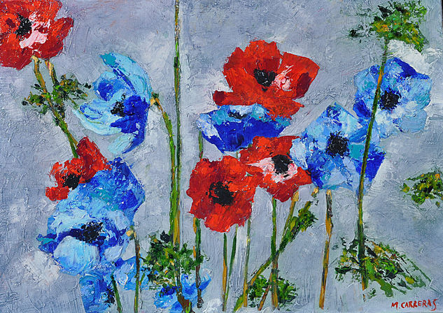 Flores azules y rojas Acrylic Canvas Floral Painting