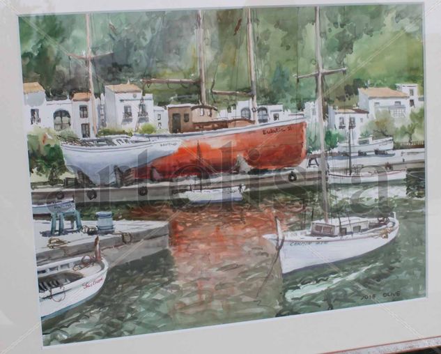 Jose Olive - puerto con barco Watercolour Canvas Marine Painting