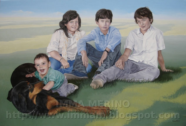 Retrato de Júlia, Eduard, Tom, el pequeño Jan y el peludo amigo Indi Oil Canvas Portrait