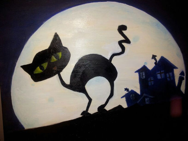 Gato bajo la luna llena Oil Canvas Animals