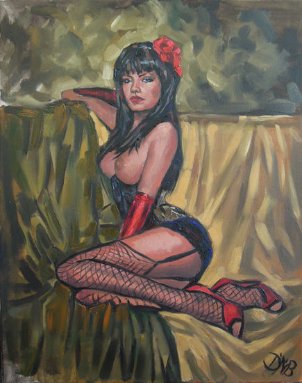 BURLESQUE LADY WITH RED FLOWER BY ELLECTRA Óleo Lienzo Figura