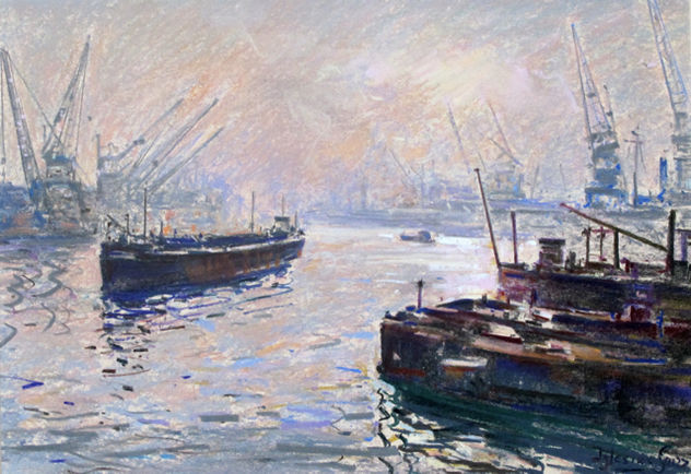 DIBUJO AL PASTEL ORIGINAL - BARCAZAS PUERTO DE ROTTERDAM
