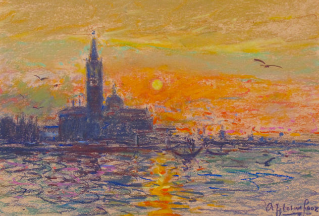DIBUJO AL PASTEL ORIGINAL - PUESTA DE SOL, VENECIA