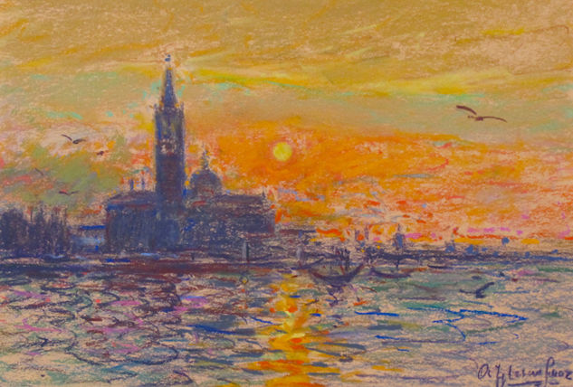 DIBUJO AL PASTEL ORIGINAL - PUESTA DE SOL, VENECIA Others