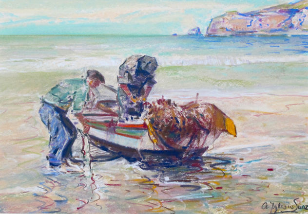 DIBUJO AL PASTEL ORIGINAL - PESCADORES, PORTUGAL